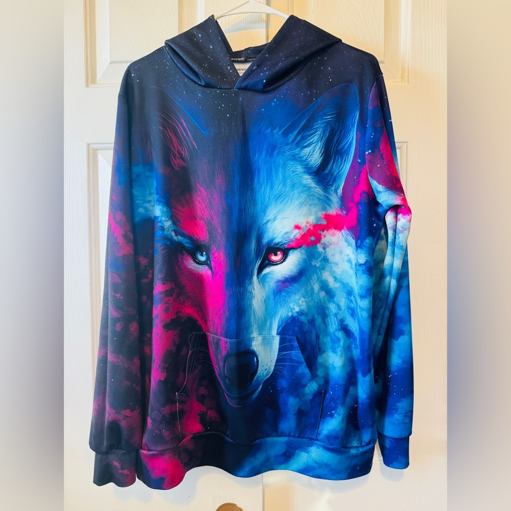 Blue and Pink Wolf Graphic Hoodie